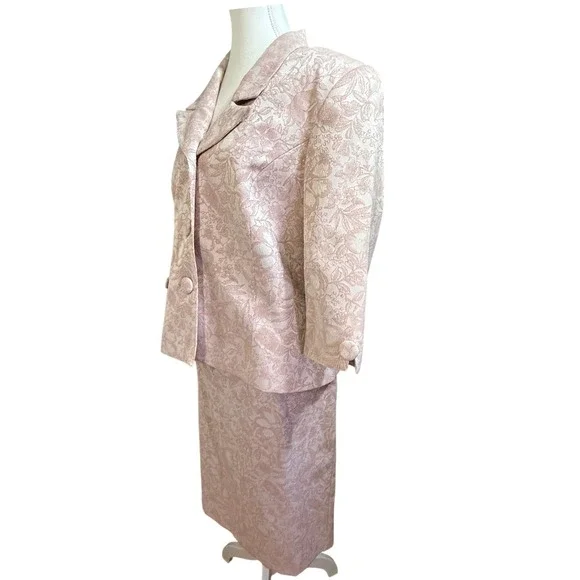 VTG Linea Domani Skirt Suit Womens 14 Pink Floral Jacquard 2pc Blazer Set Y1299 - Picture 3 of 10